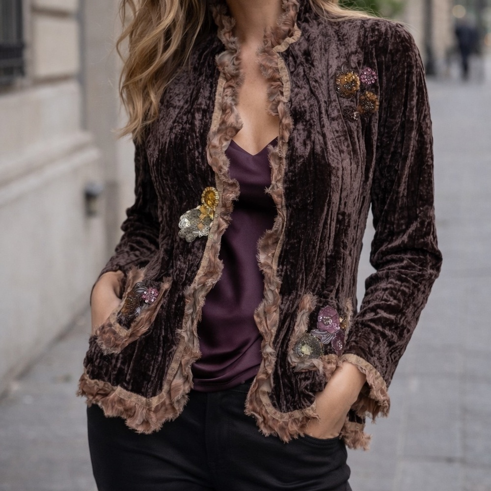 Alberto Makali Brown Crushed Velvet Embellished Ruffle Jacket Size M Boho Chic
